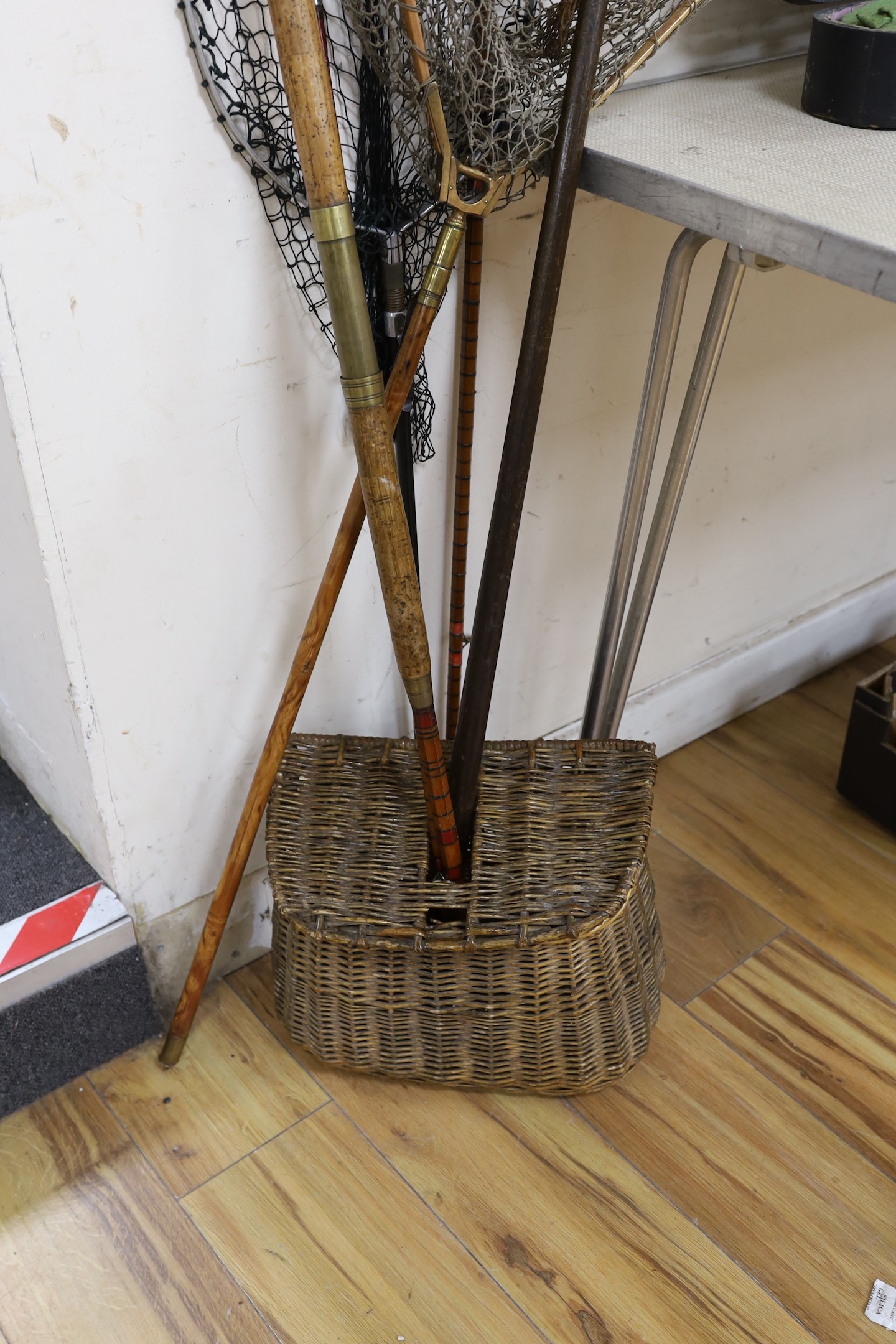 Fishing/ Angling: a creel, rods and landing nets- longest net 158cms